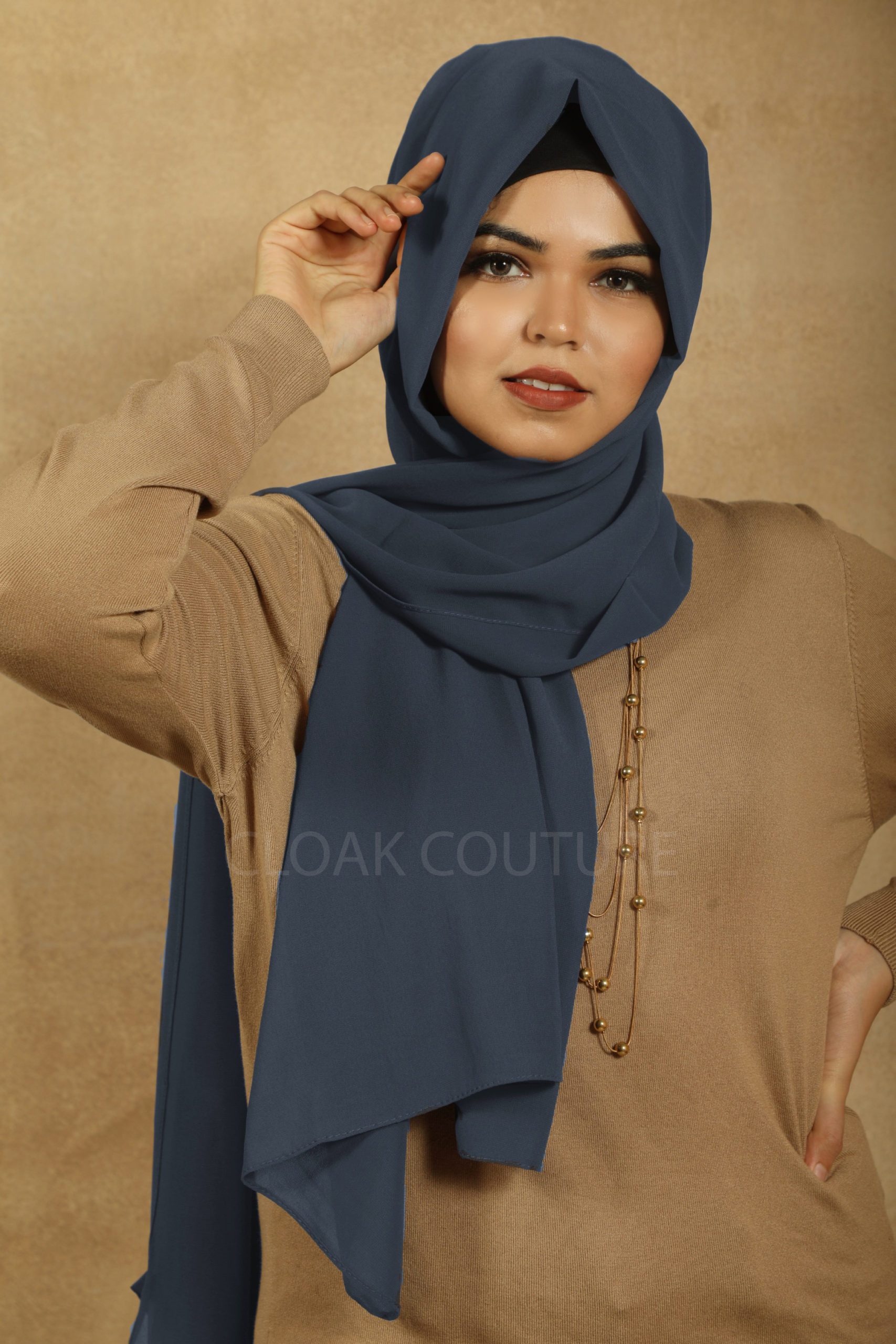 Dark Blue Color Chiffon Embossed Square Scarf Hijab - Hijab by JSDC