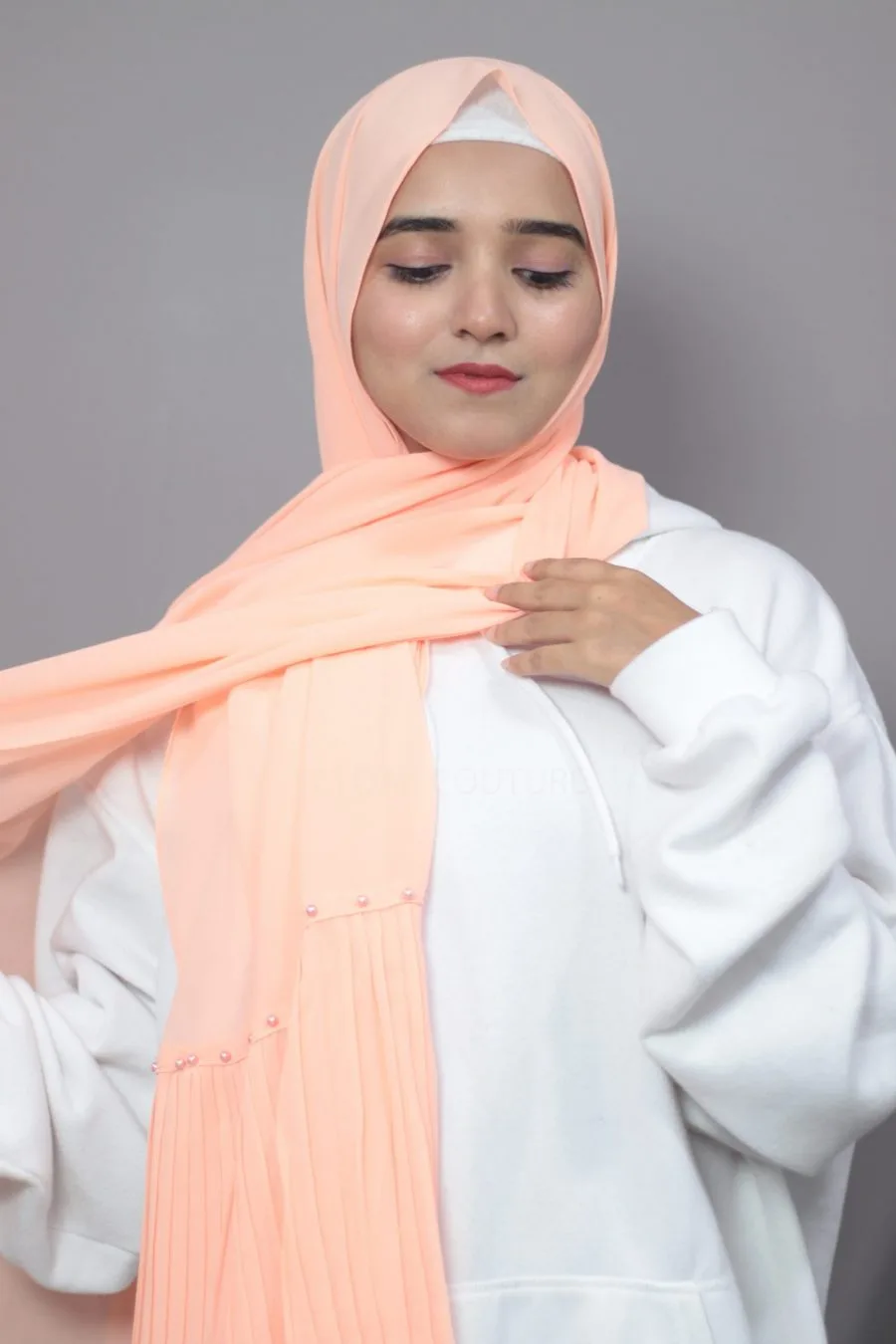 Peach Pop Pleated Pearl Hijab - Image 2