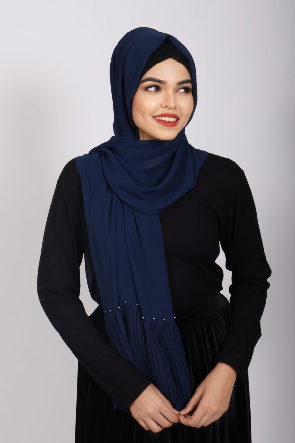 English Blue Pleated Pearl Hijab