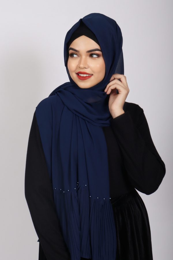 English Blue Pleated Pearl Hijab