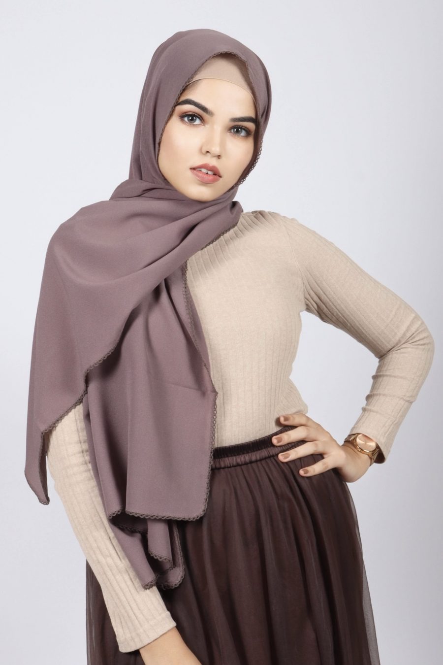 Sandstone Laser Georgette crochet Hijab