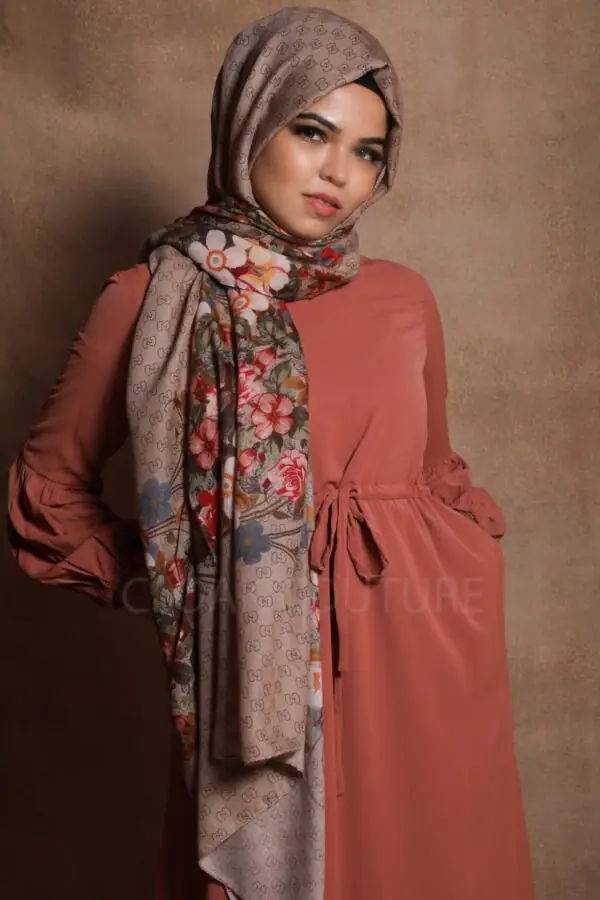 Golden Beige Floral Premium Viscose Hijab