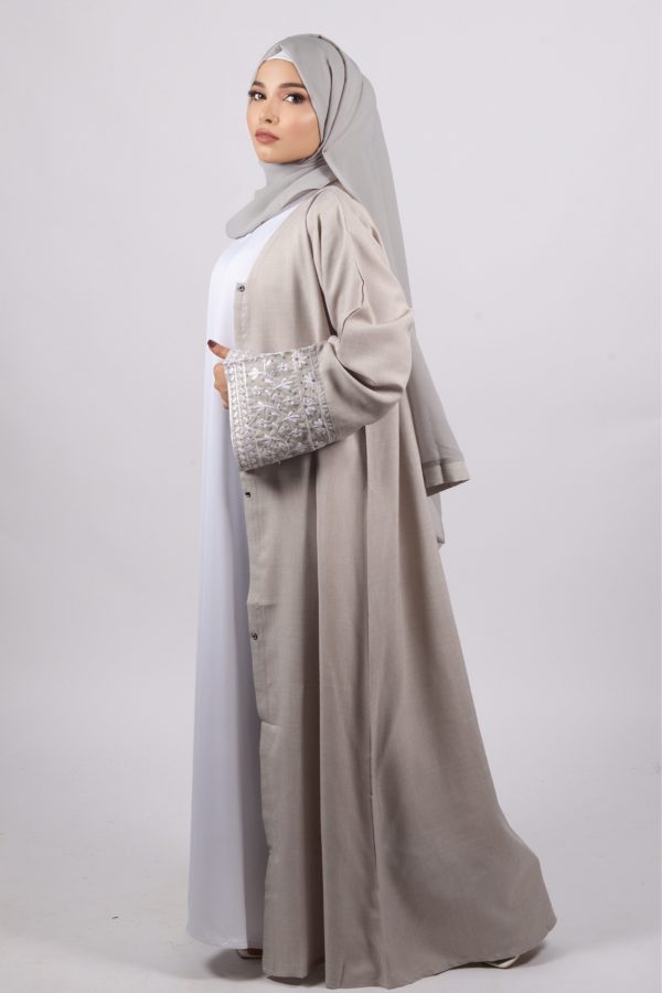 Haseen Embroidered Linen Open Abaya - Silver Ash