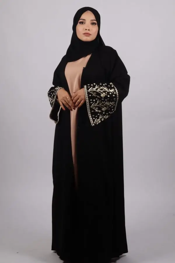 Haseen Embroidered Linen Open Abaya - Black