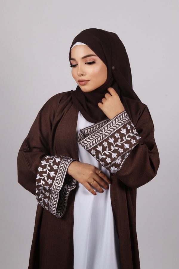 Haseen Embroidered Linen Open Abaya - Coffee
