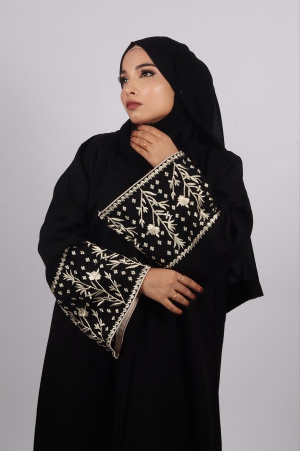 Haseen Embroidered Linen Open Abaya - Black