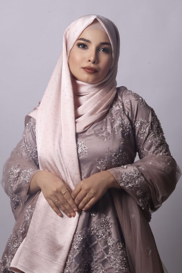 Pink Gold Rhinestone Silk Hijab