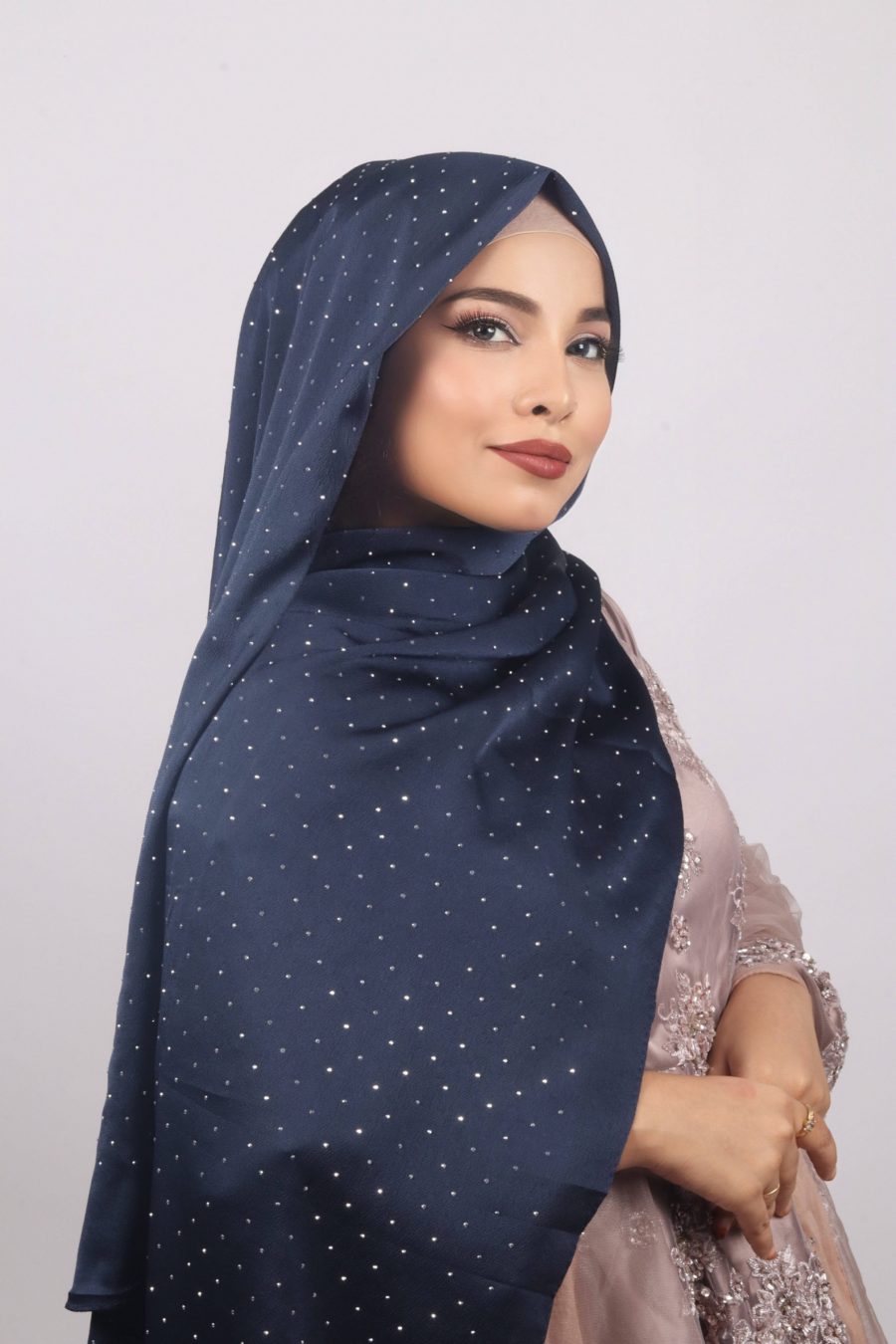 Navy Rhinestone Silk Hijjab