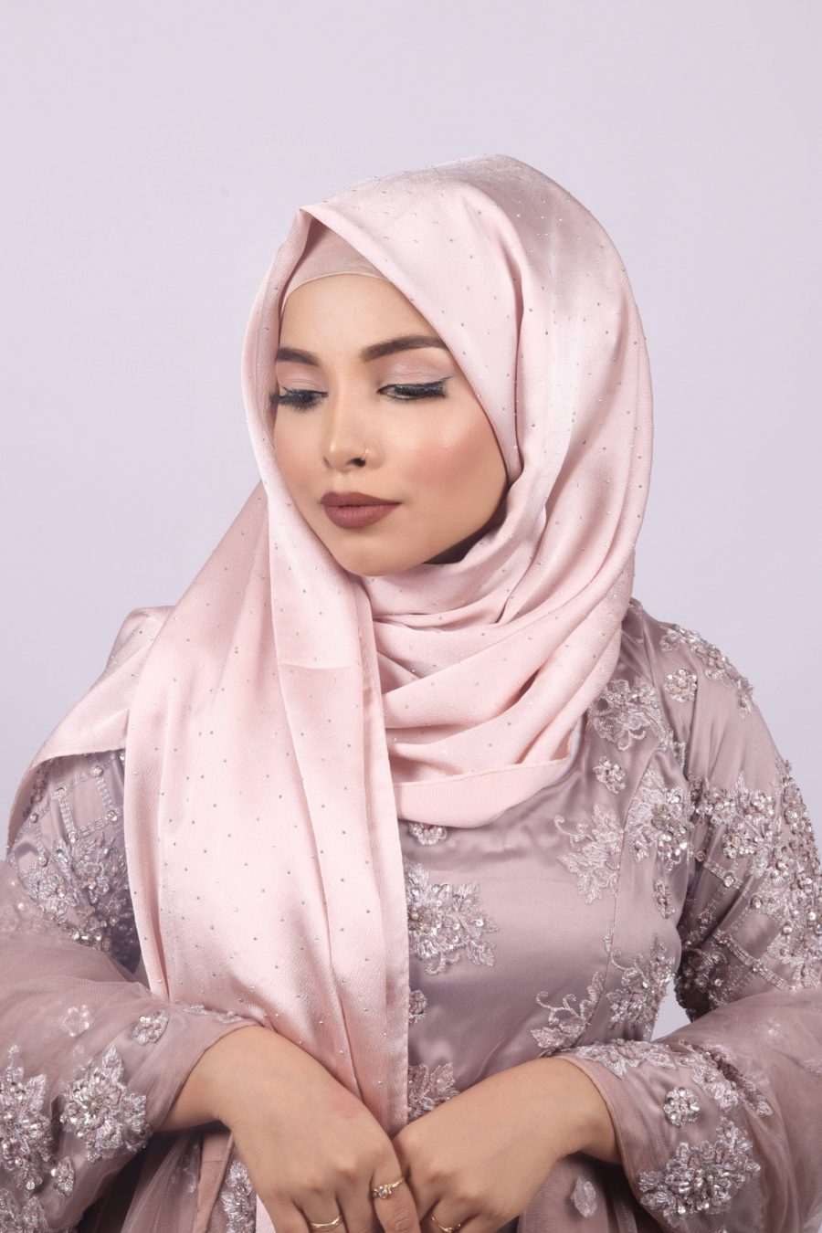 Pink Gold Rhinestone Silk Hijab