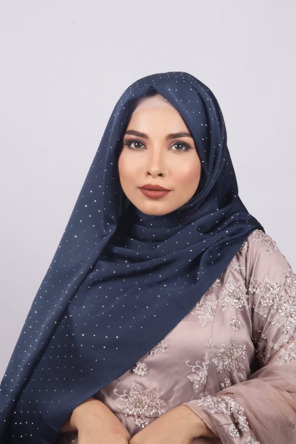 Navy Rhinestone Silk Hijjab