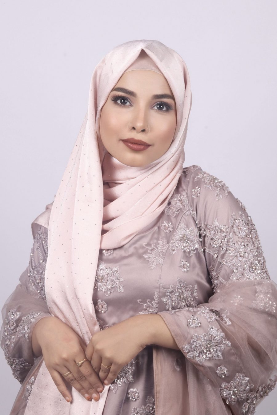 Pink Gold Rhinestone Silk Hijab - Image 3