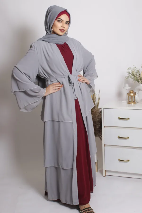 Falak Triple Layered Open Abaya Dress - Koala - Image 4
