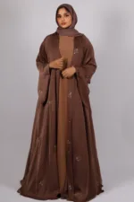 Zahra Full Umbrella Front Open Floral Embroidery Abaya - Espresso - Image 5