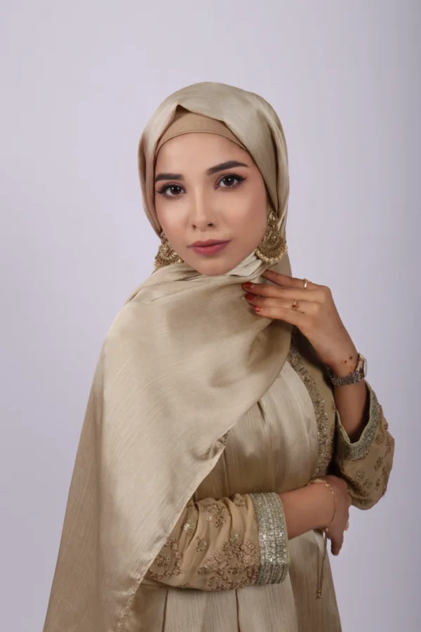 01CDBD21-A718-4F12-98C3-8BCA66DA4AF6-1.jpeg Cream Gold Muna Satin Hijab - Image 1