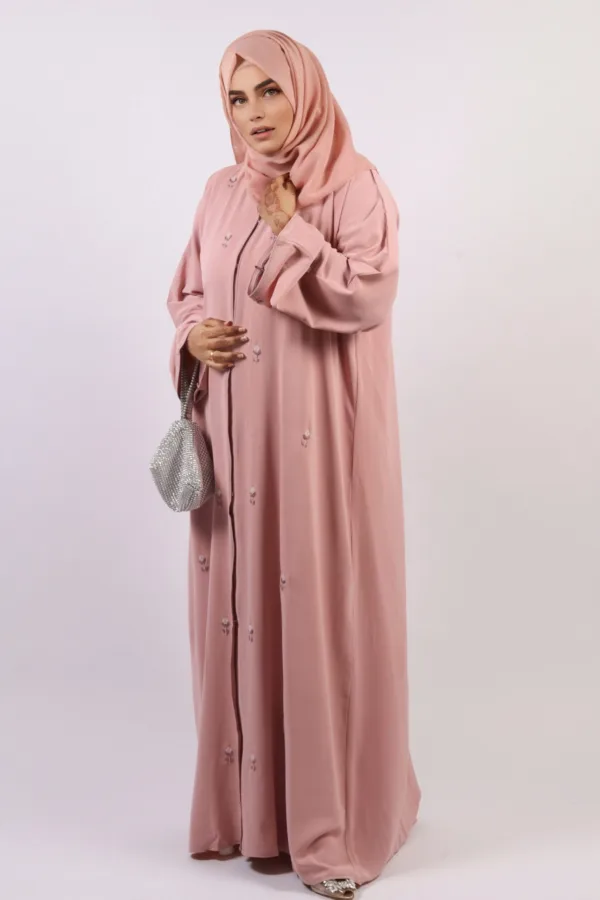 Warda Front Open Luxury Floral Handwork Abaya - Pastel Rose - Image 4