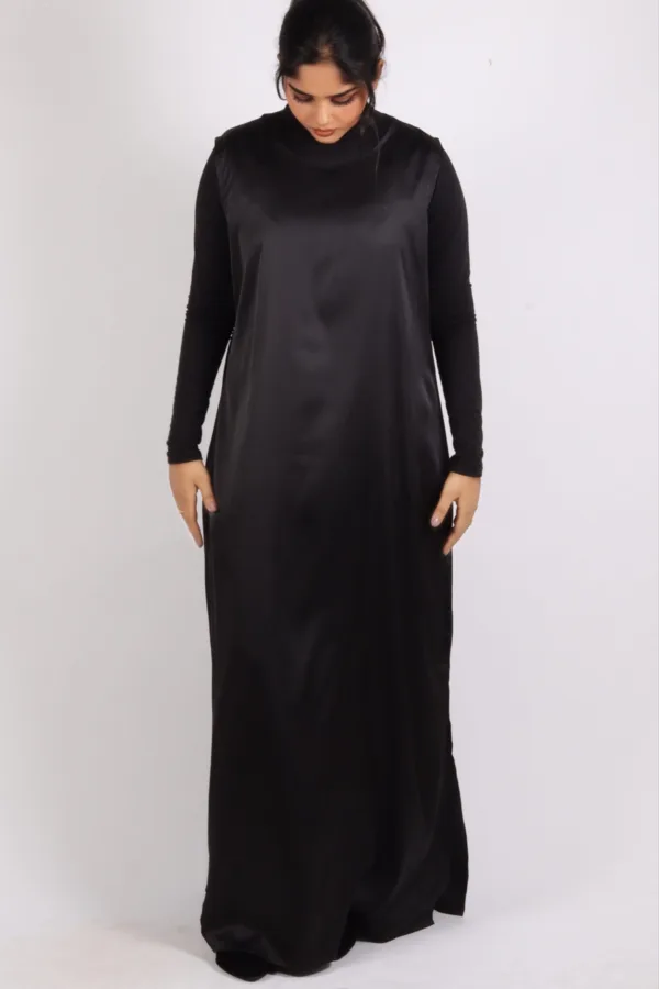 Satin Inner Layering Luxury Sleeveless Dress / Slip – Black - Image 2