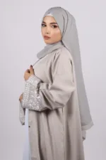 Haseen Embroidered Linen Open Abaya - Silver Ash - Image 5