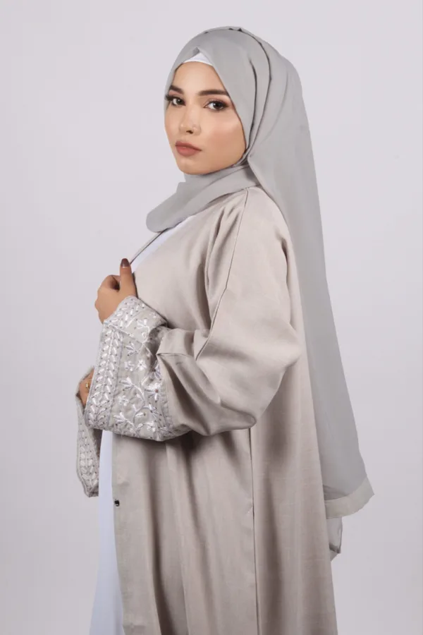 Haseen Embroidered Linen Open Abaya - Silver Ash - Image 5