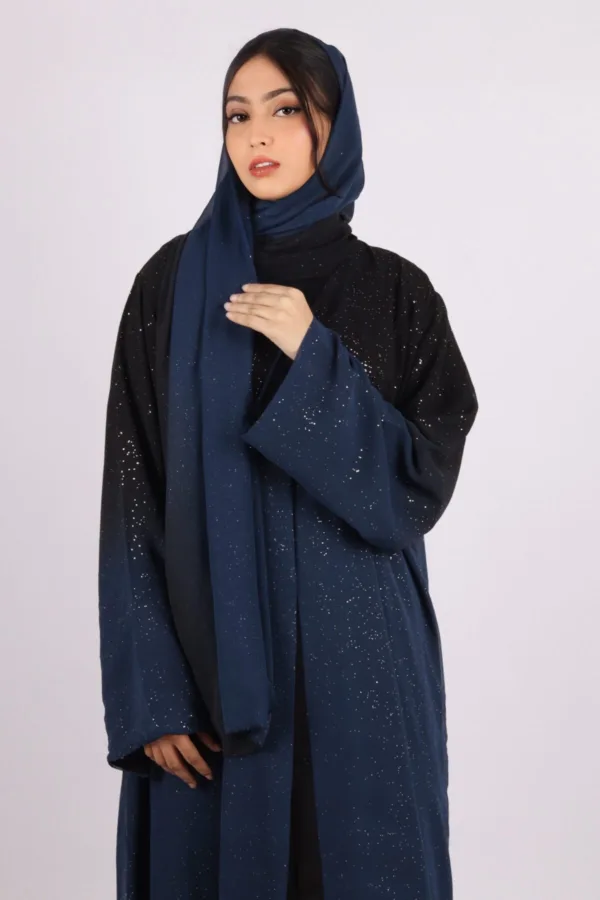 Mehtab Sparkling Glitter Dual Tone Abaya with Front Open - Galactic Blue - Image 2