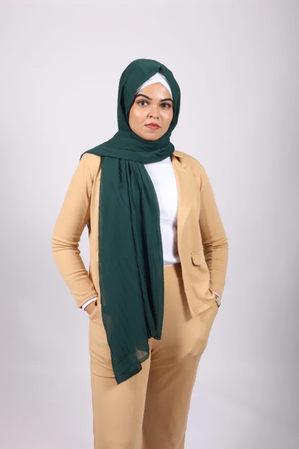 Bottle Green Chiffon Pleated Hijab - Image 2