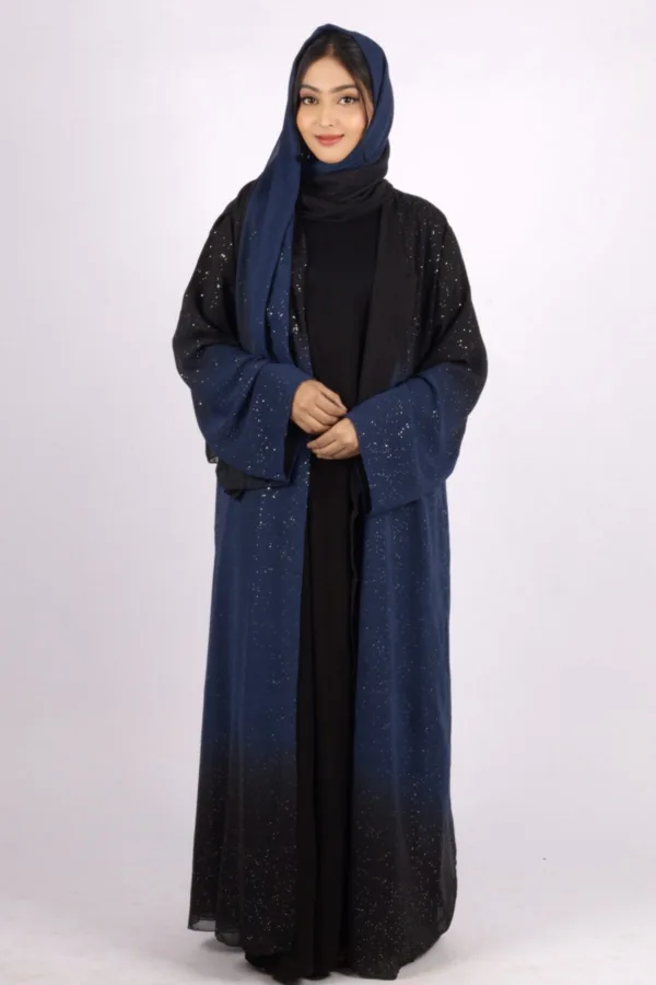 Mehtab Sparkling Glitter Dual Tone Abaya with Front Open - Galactic Blue - Image 6