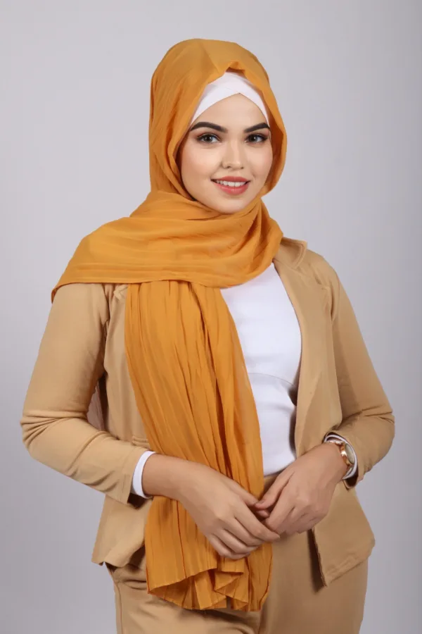 Mustard Chiffon Pleated Hijab - Image 2