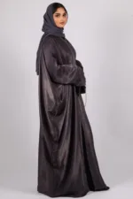 Nadira Luxury Kaftan Front Open with Black Diamond Trim - Platinum - Image 2