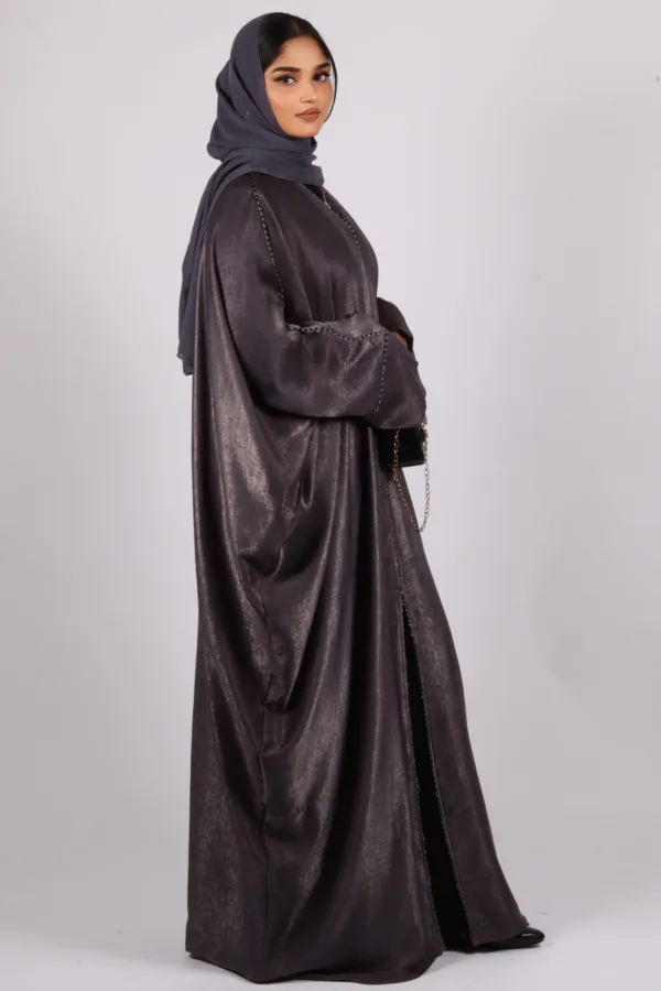 Nadira Luxury Kaftan Front Open with Black Diamond Trim - Platinum - Image 2