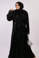 Warda Front Open Luxury Floral Handwork Abaya - Diamond Black - Image 5