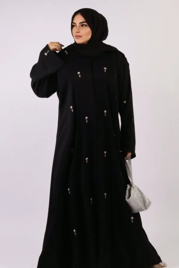 Warda Front Open Luxury Floral Handwork Abaya - Diamond Black - Image 5