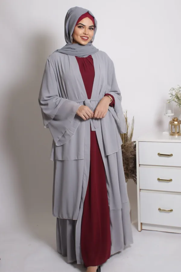 1AE2377E-E1E1-458E-91EC-F101FF0BC9A9.jpeg Falak Triple Layered Open Abaya Dress - Koala - Image 1