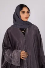 Nadira Luxury Kaftan Front Open with Black Diamond Trim - Platinum - Image 6