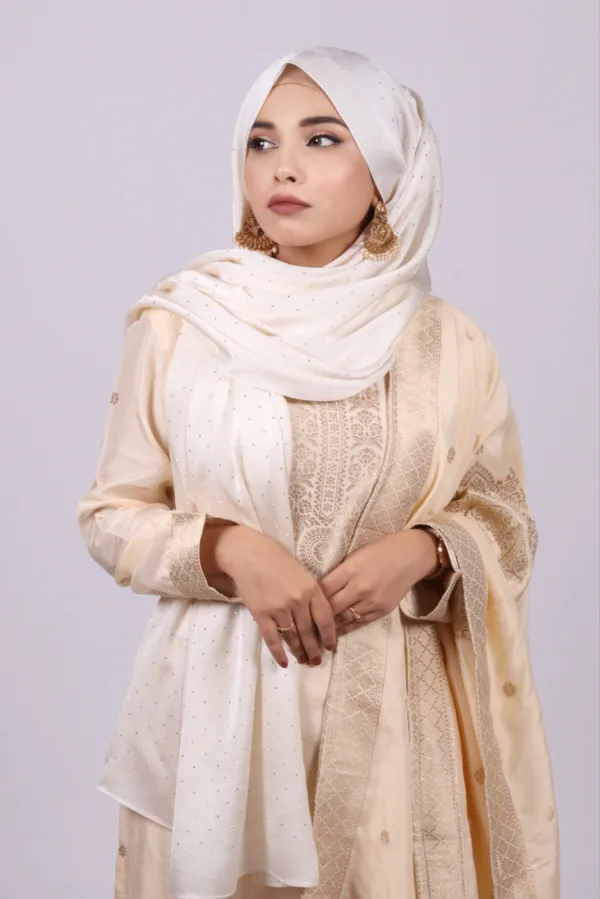 221CBBC5-26C1-4766-8D1C-8F7D0CEECACD-1.jpeg Cream Gold Rhinestone Silk Hijab - Image 1