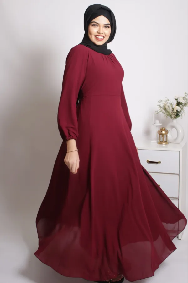 26229483-0459-49FD-9AC8-3A7C6D253294.jpeg Tanaaz Flared Layered Gown / Abaya - Maroon - Image 1