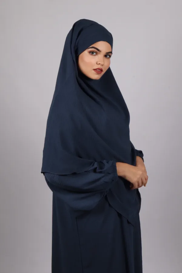 Elyssa Premium Crinkled Cotton Jazz Abaya Set with complimentary Khimar - Denim - Image 2
