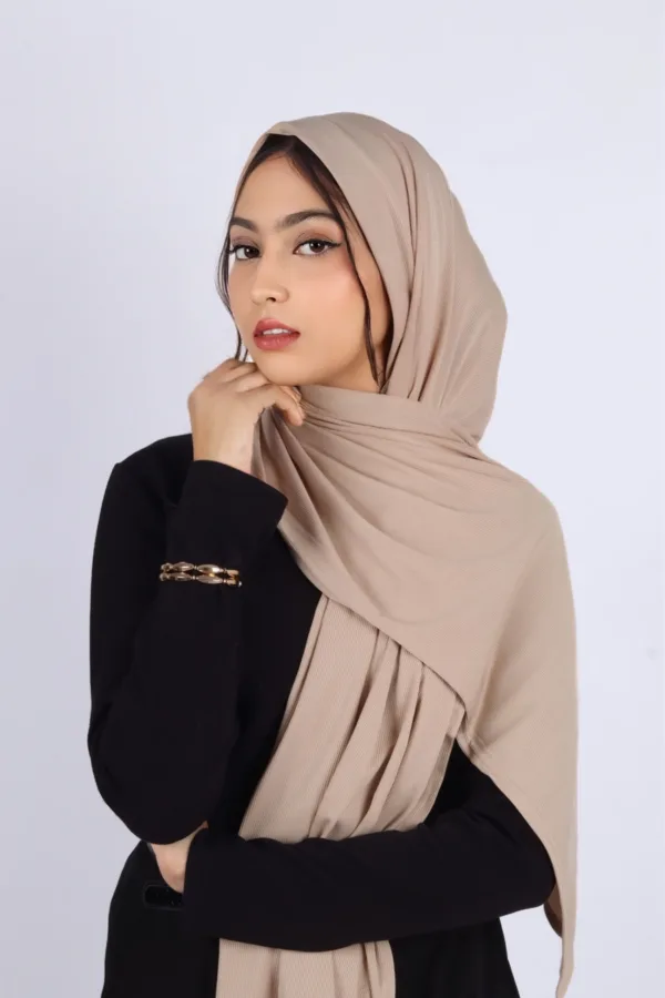 Sand Turkish Pleated Jersey Hijab - Image 2