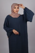 Elyssa Premium Crinkled Cotton Jazz Abaya Set with complimentary Khimar - Denim - Image 3