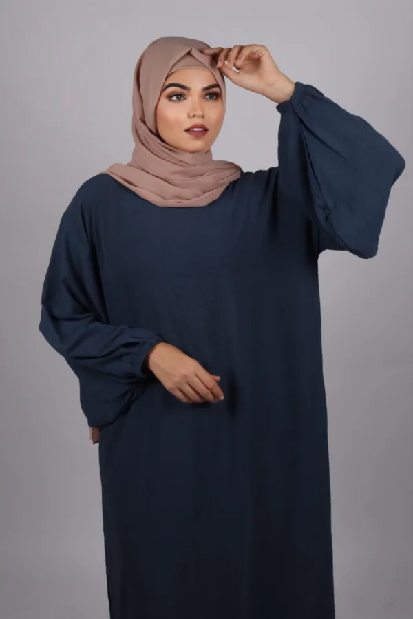 Elyssa Premium Crinkled Cotton Jazz Abaya Set with complimentary Khimar - Denim - Image 3