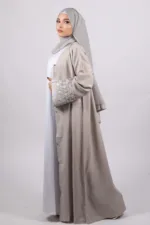 Haseen Embroidered Linen Open Abaya - Silver Ash - Image 2