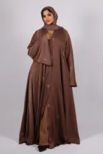 Zahra Full Umbrella Front Open Floral Embroidery Abaya - Espresso - Image 6