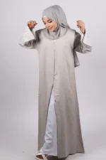 Haseen Embroidered Linen Open Abaya - Silver Ash - Image 4