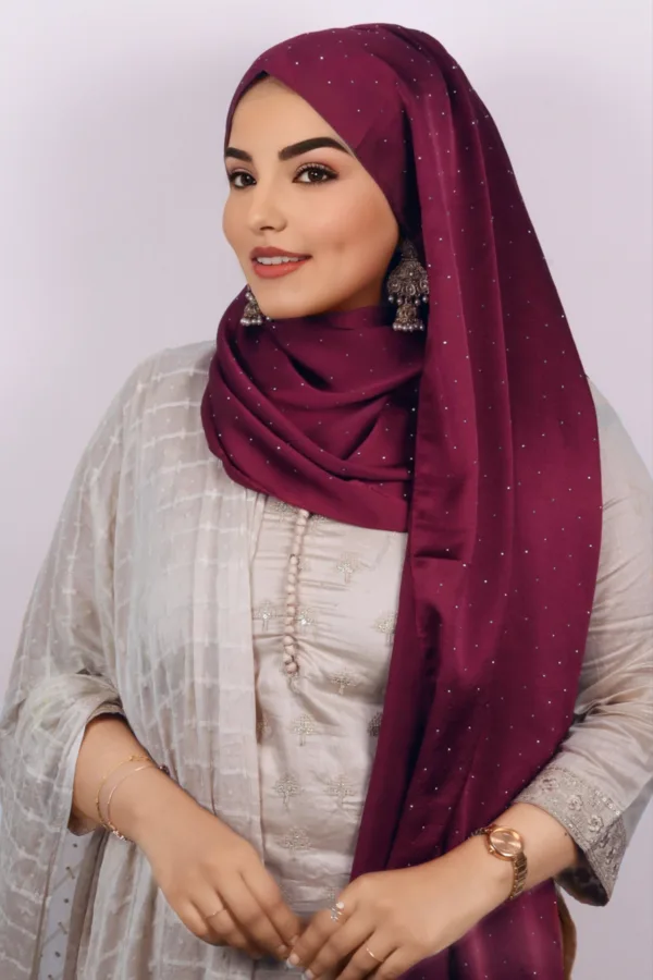 Plum Red Rhinestone Silk Hijab - Image 3