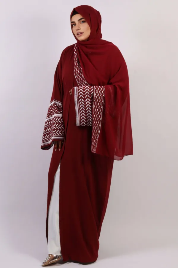 Solidarity Embroidery Keffiyeh Abaya with Matching Hijab - Crimson Moon - Image 5