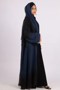 Mehtab Sparkling Glitter Dual Tone Abaya with Front Open - Galactic Blue
