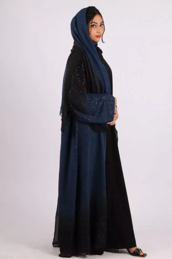 Mehtab Sparkling Glitter Dual Tone Abaya with Front Open - Galactic Blue - Image 1