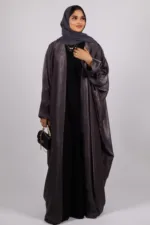 Nadira Luxury Kaftan Front Open with Black Diamond Trim - Platinum