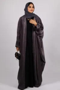 Nadira Luxury Kaftan Front Open with Black Diamond Trim - Platinum