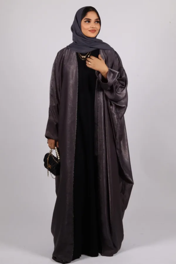 3B7E8D0B-783C-40AA-97F1-1D5457ECBA03.jpeg Nadira Luxury Kaftan Front Open with Black Diamond Trim - Platinum - Image 1