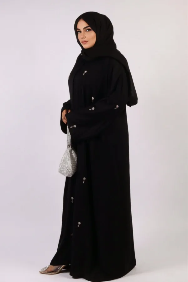 Warda Front Open Luxury Floral Handwork Abaya - Diamond Black - Image 1