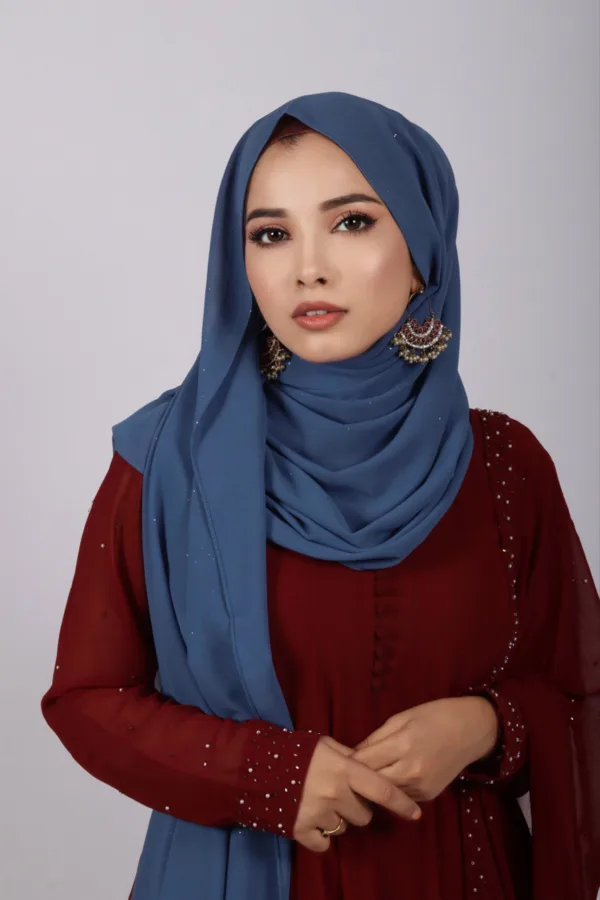 Vintage Blue Glitter Chiffon Hijab - Image 2